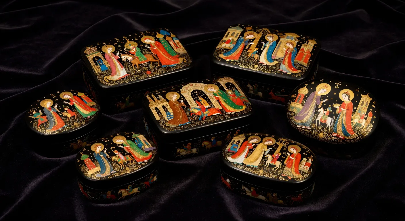 Boîtes laquées russes Palekh avec miniatures dorées sur fond noir, détails fins de personnages de contes russes