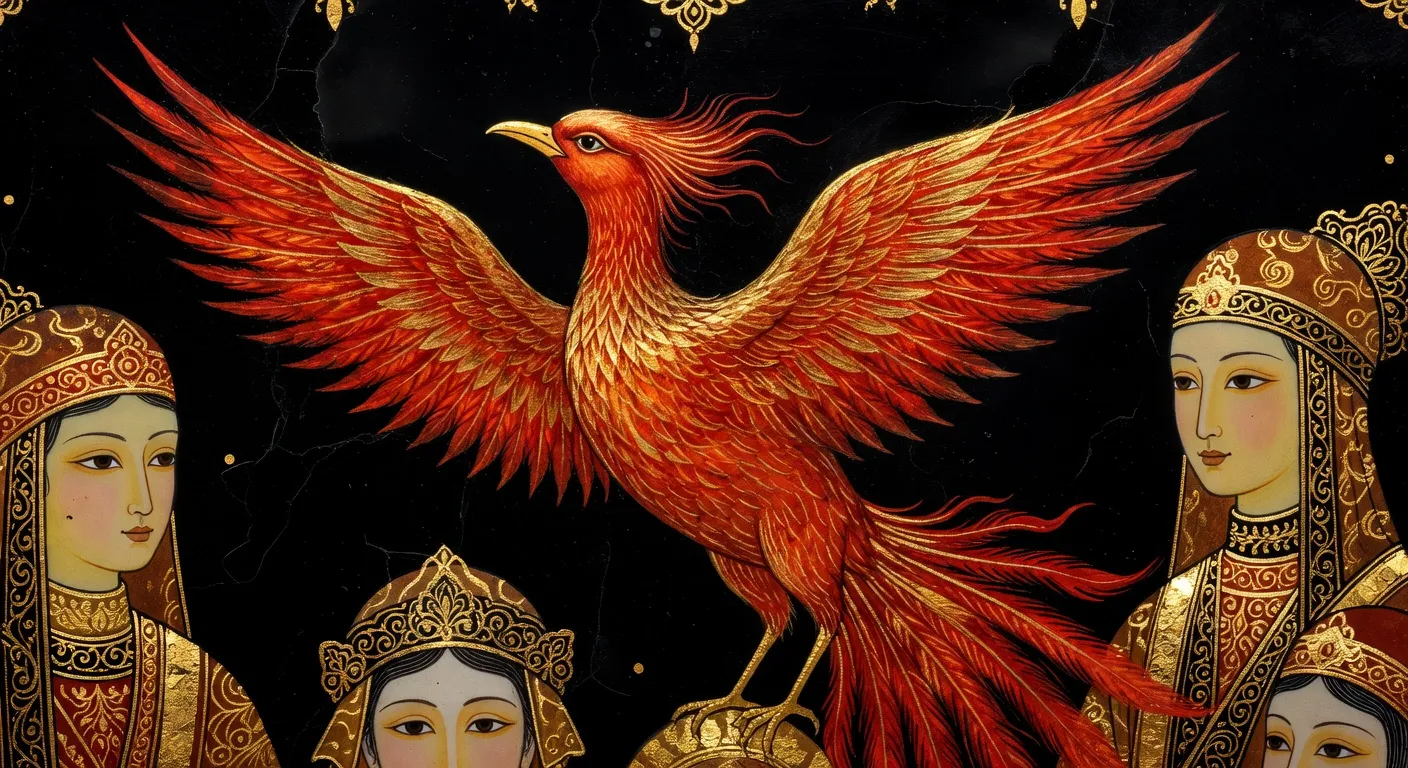 Gros plan sur une miniature Palekh représentant l'Oiseau de feu, fond noir intense, personnages dorés aux traits byzantins fins