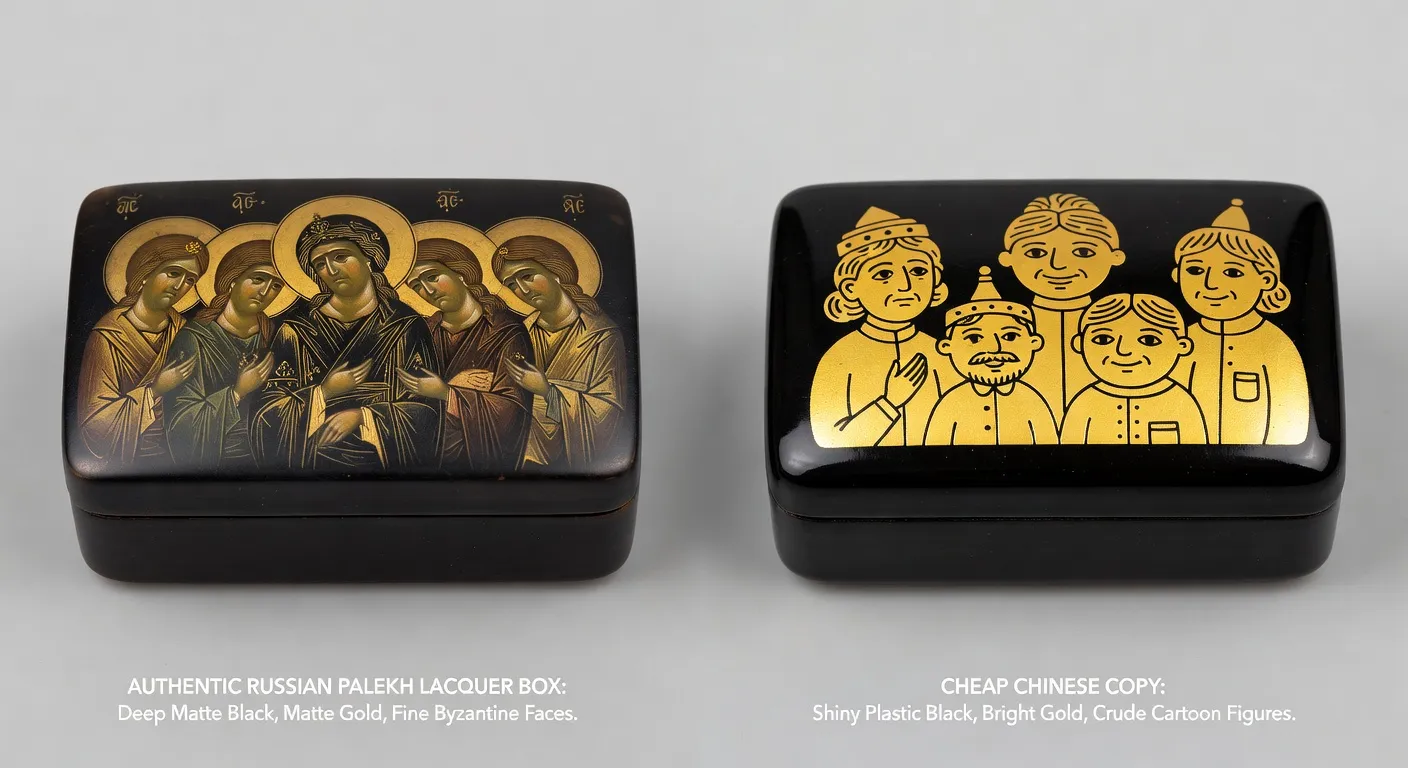 Comparison côte à côte d'une vraie boîte Palekh (fond noir profond, or mat, traits fins) et d'une copie chinoise (noir brillant, or criard, traits grossiers)