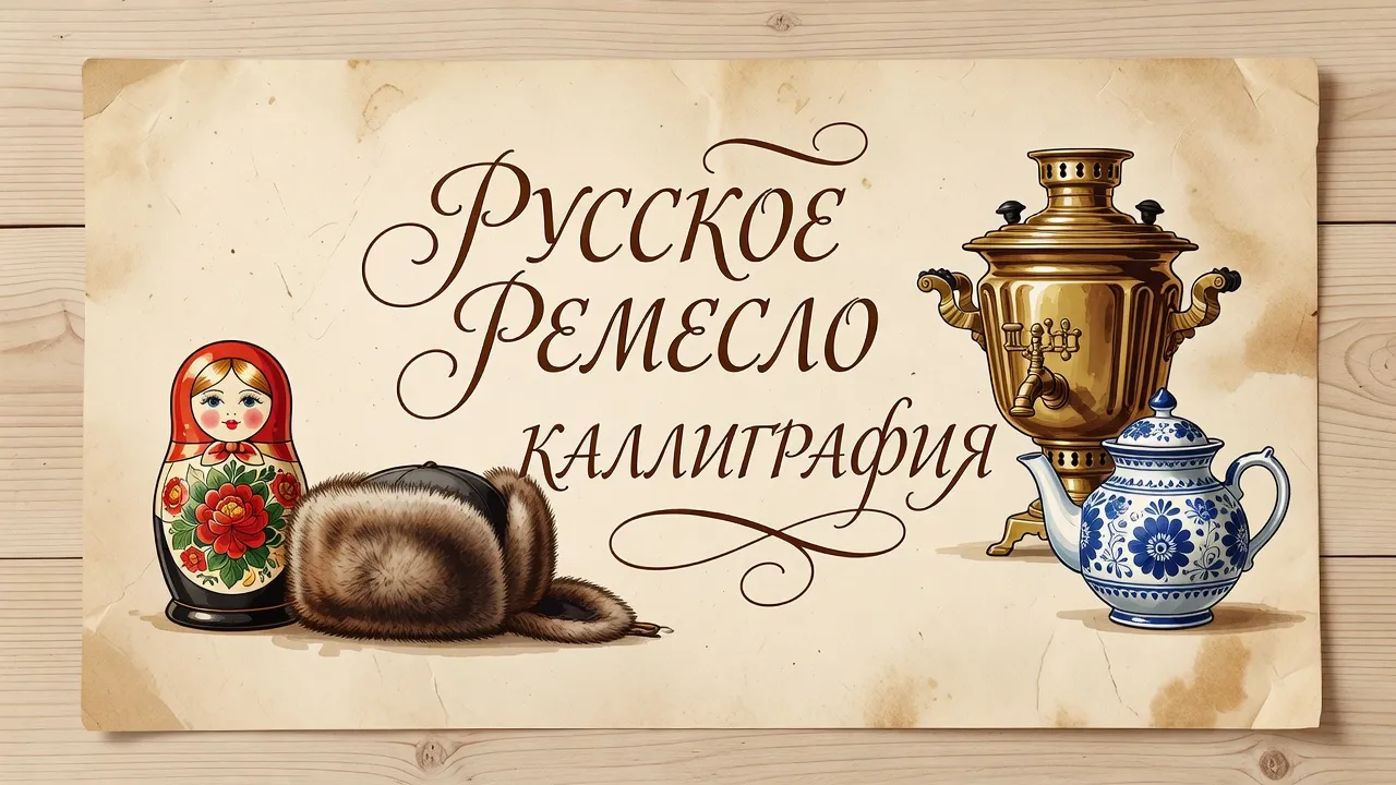 Illustration de mots russes d'artisanat calligraphiés sur parchemin avec objets artisanaux dessinés fond bois clair