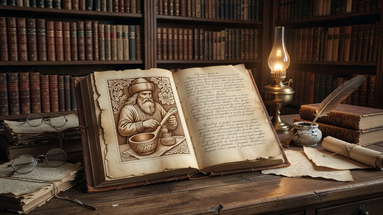 Ouverture livre ancien artisanat russe gravures textes cyrilliques lumière chaude bibliothèque russe antiquité