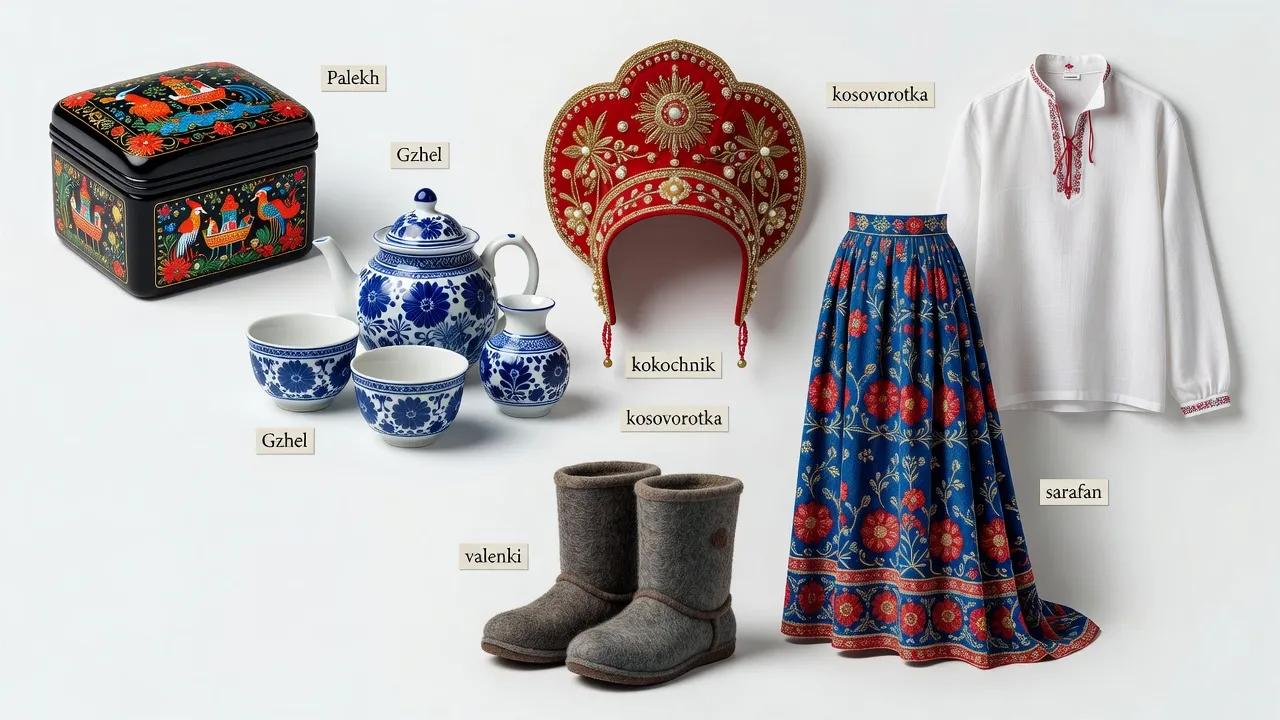 Mosaïque d'objets artisanaux russes représentant les termes du glossaire palekh gzhel kokochnik kosovorotka sarafan valenki composition fond blanc