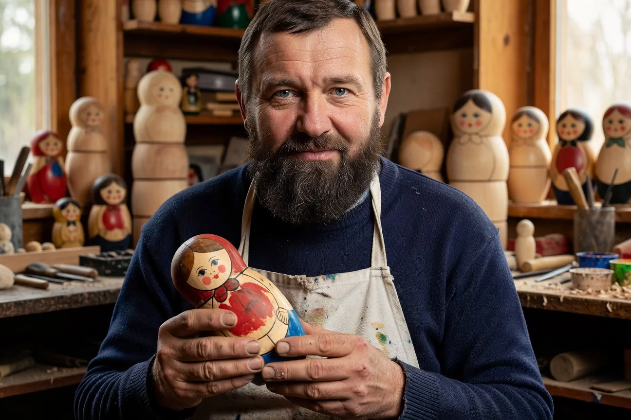 Portrait éditorial de Mikhail Sergueiev, artisan matriochka 3ᵉ génération à Semionov, dans son atelier en bois