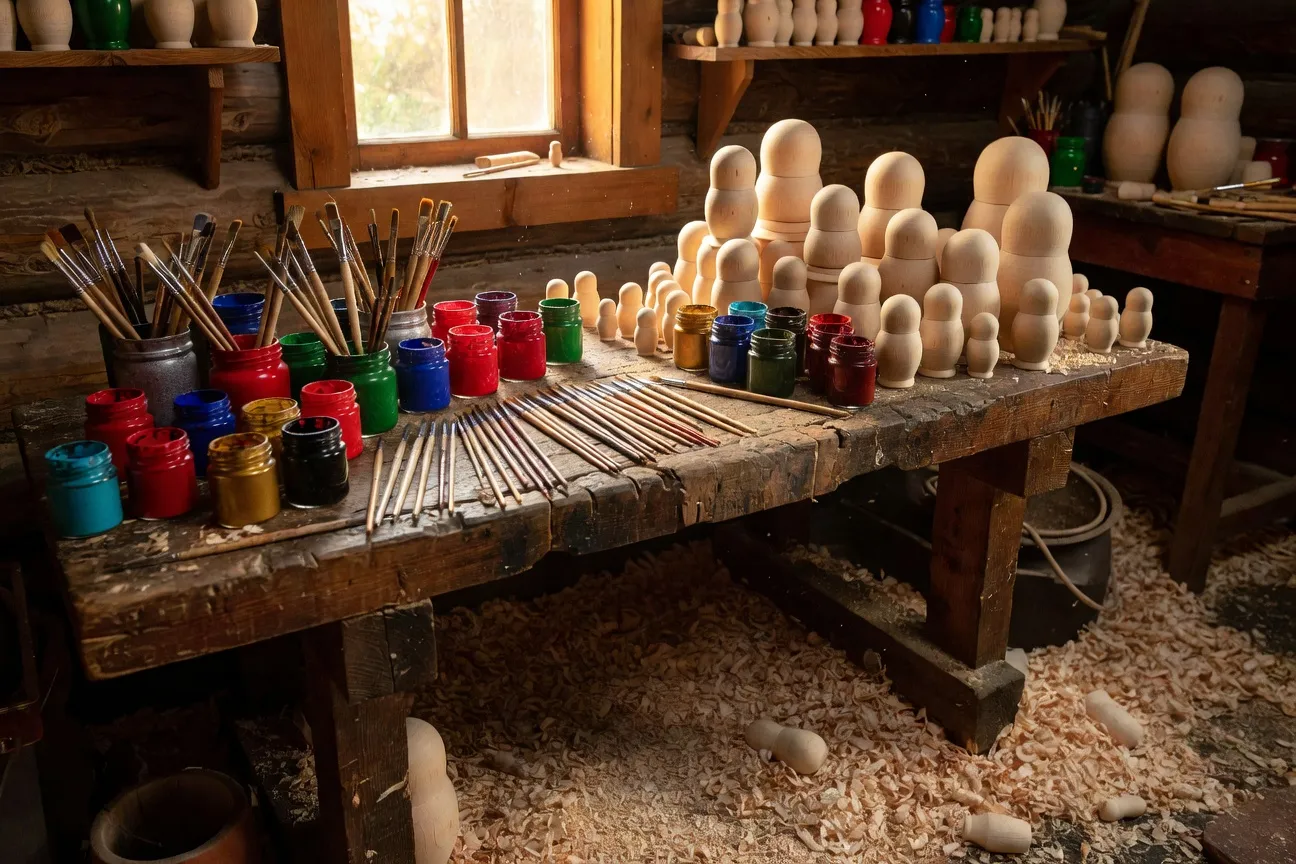 Atelier matriochka : établi en bois, pinceaux, pots de peinture vibrante, dizaines de poupées non finies