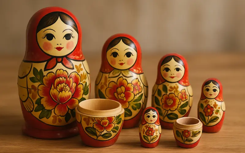 Matriochkas traditionnelles russes ouvertes montrant les poupees emboitees peintes a la main