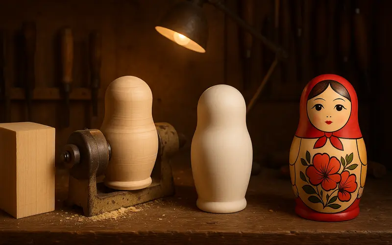 Etapes de fabrication artisanale d'une matriochka du bois brut a la poupee peinte