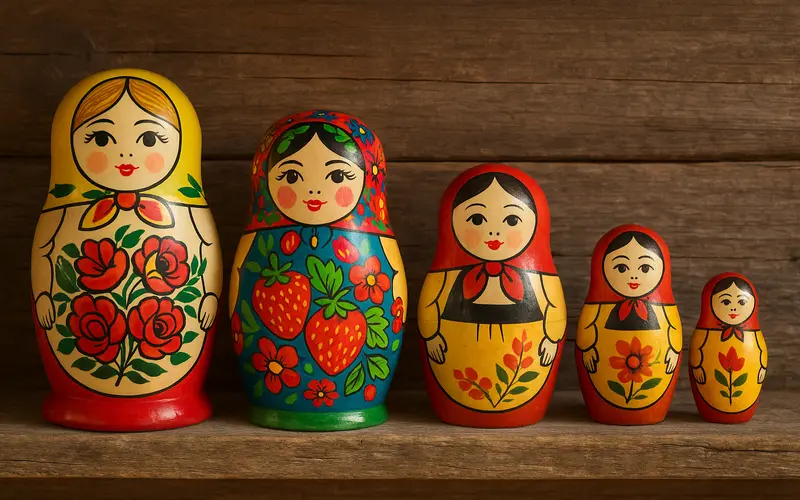 Collection de matriochkas de differents styles regionaux Semionov Polkhov-Maidan et Serguiev Possad