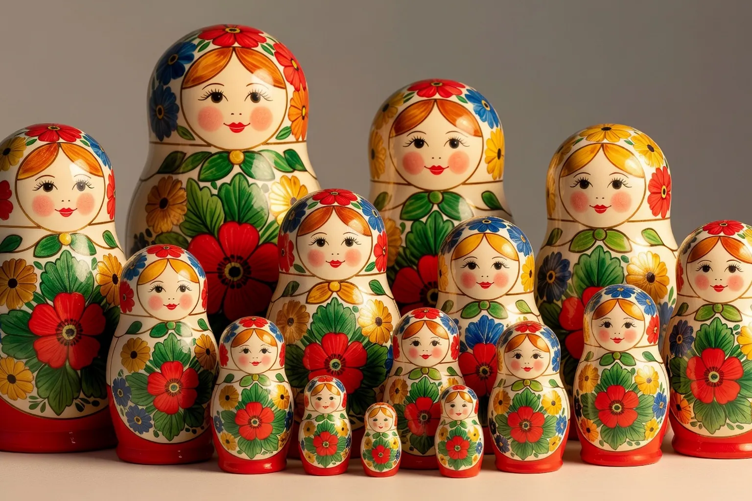 Matriochkas russes peintes a la main en bois de tilleul avec motifs floraux traditionnels