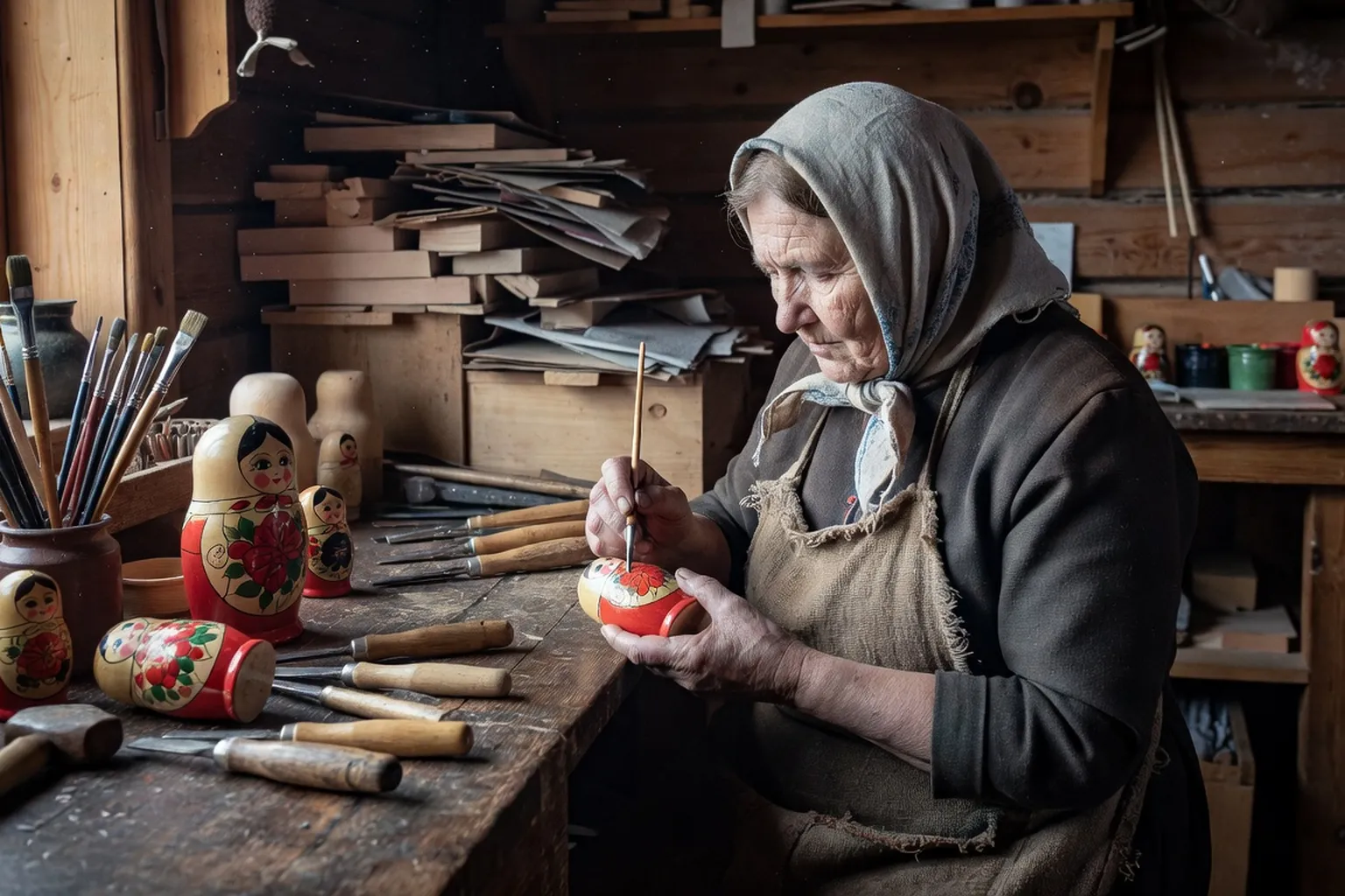 Atelier de fabrication de matriochkas a Sergiev Possad avec artisan peignant une poupee russe