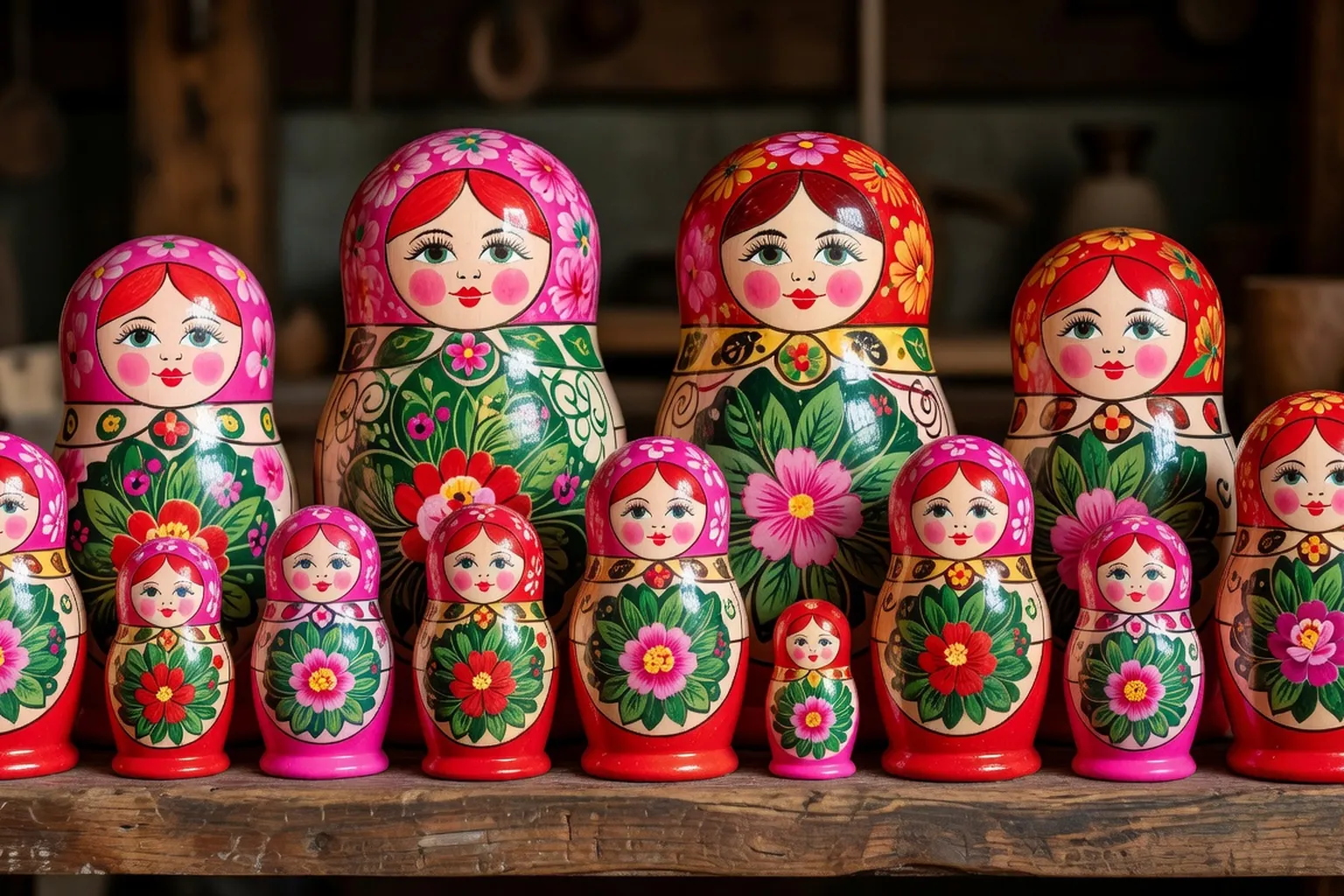 Collection de matriochkas russes Polkhovski Maidan aux couleurs vives sur etagere en bois