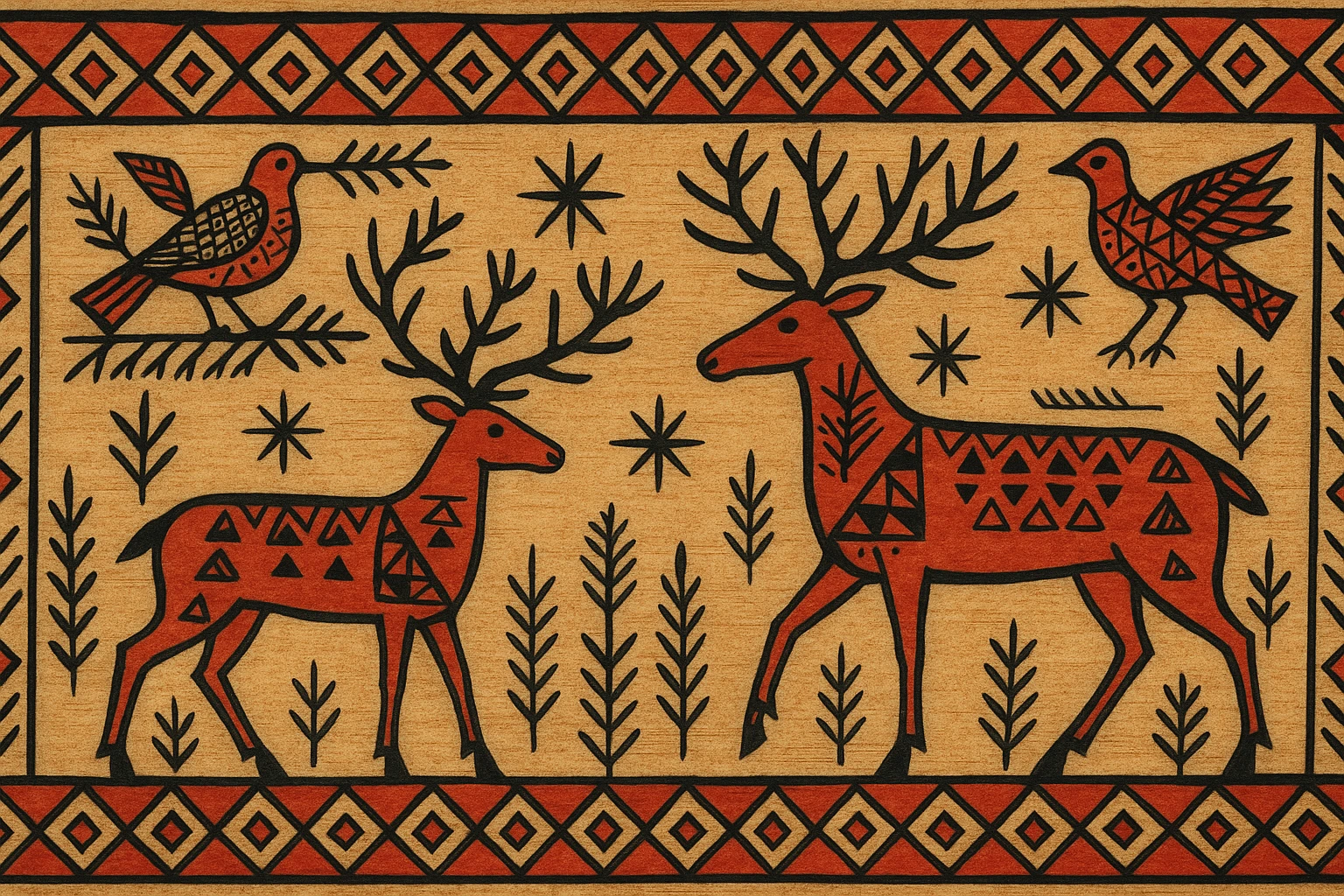Détail d'une quenouille peinte dans le style Mezen avec chevaux rouges et oiseaux stylisés