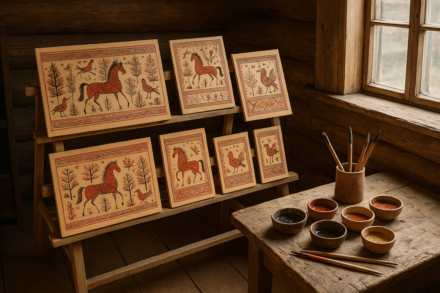 Outils traditionnels et panneau de bois peint dans le style Mezen