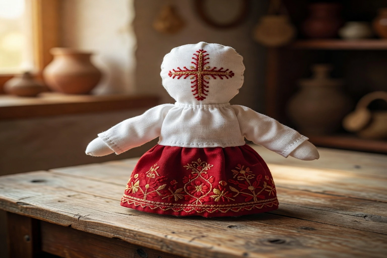 Poupée motanka traditionnelle en lin blanc, visage sans traits, croix de fils rouges et or, posée sur une table en bois rustique