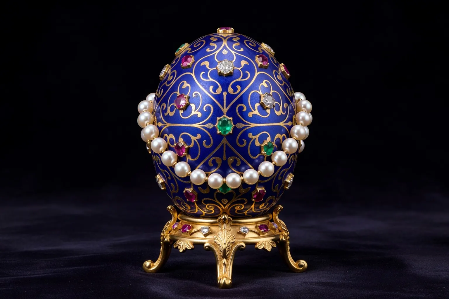 Oeuf de Faberge imperial en email cloisonne or bleu avec support ornemente