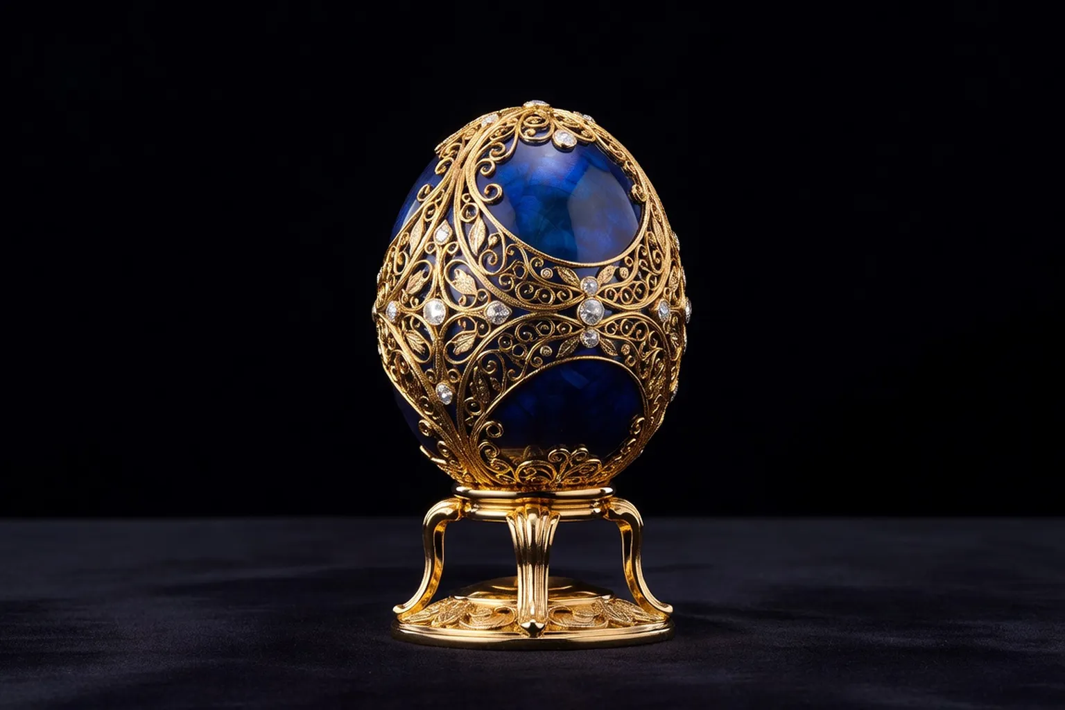 Reproduction oeuf de Faberge moderne email bleu cloisonne avec support or