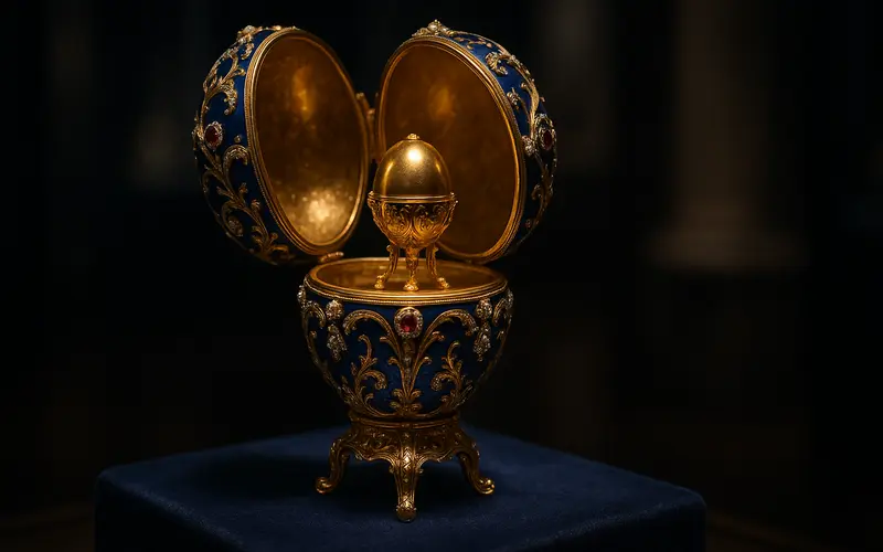 Oeuf de Faberge imperial ouvert revelant une surprise doree orne de diamants et email bleu