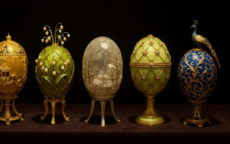 Collection de cinq oeufs de Faberge imperiaux aux designs varies avec mecanismes et surprises