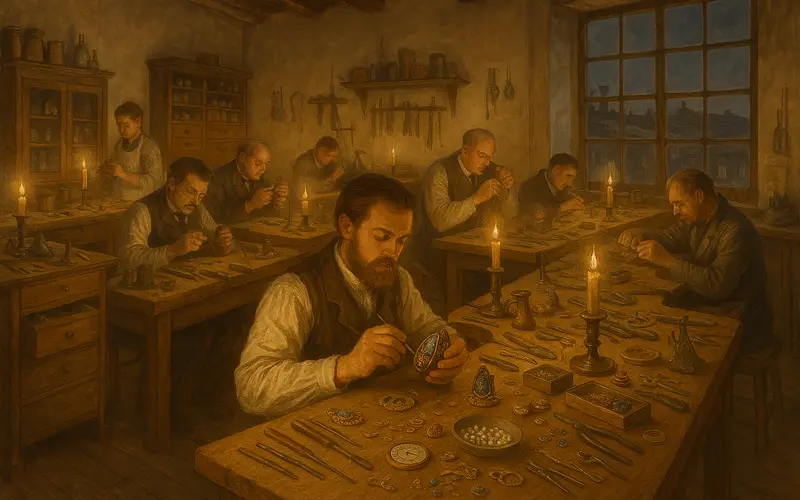 Atelier historique de joaillerie Faberge a Saint-Petersbourg vers 1900 avec artisans au travail