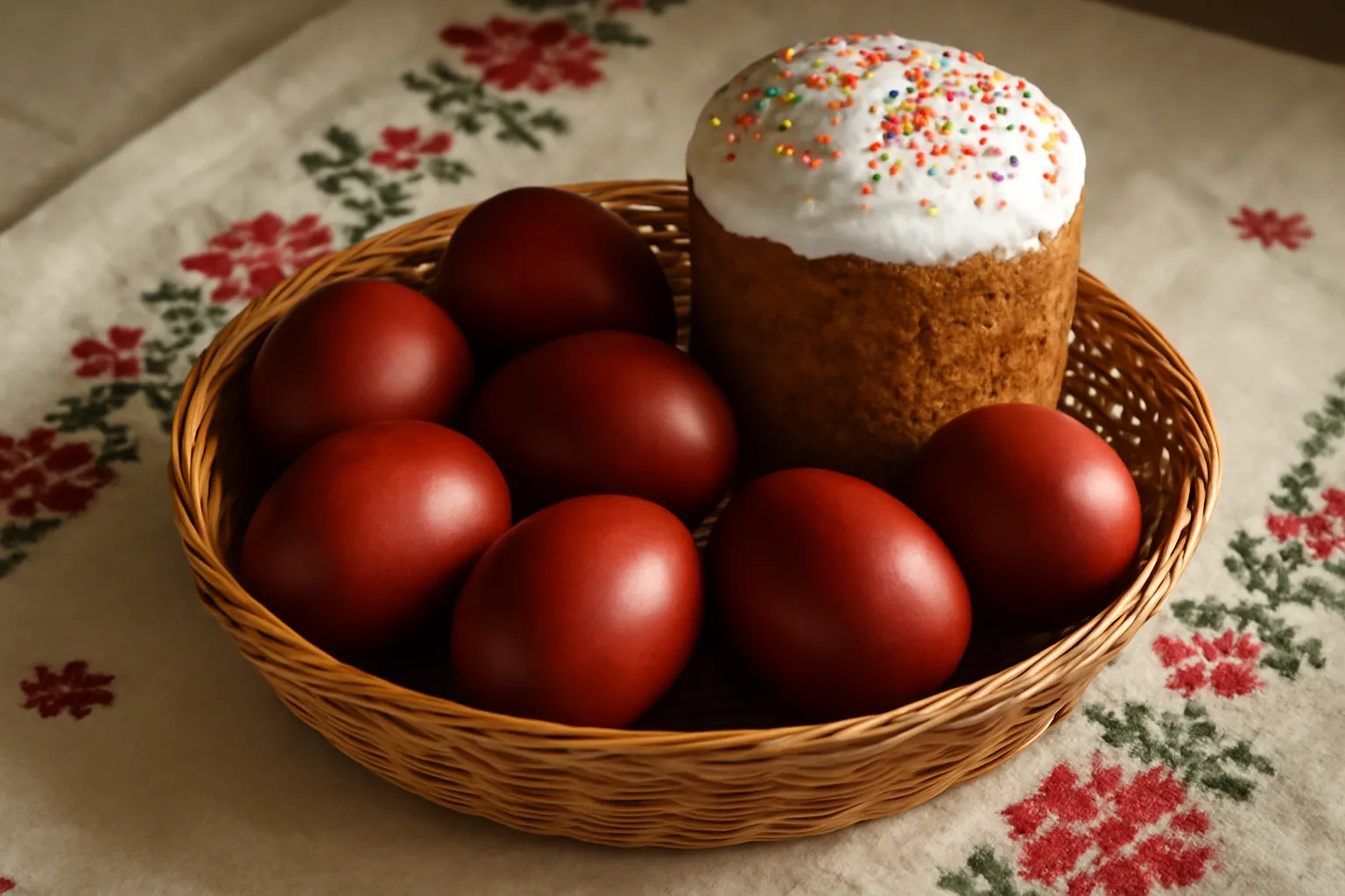 Œufs de Pâques teints en rouge profond aux pelures d'oignon, disposés dans un panier en osier avec du gâteau pascal