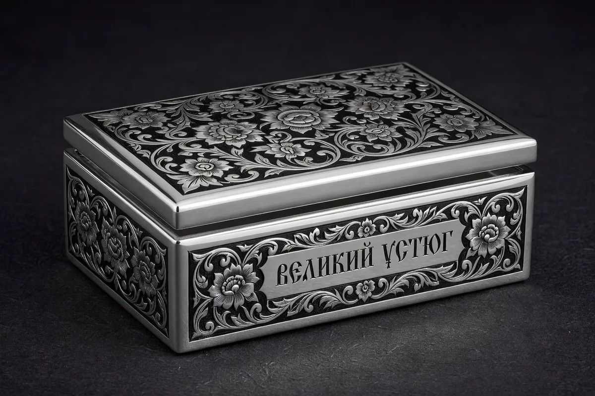 Coffret en argent noirci niello de Veliky Oustioug avec motifs gravés