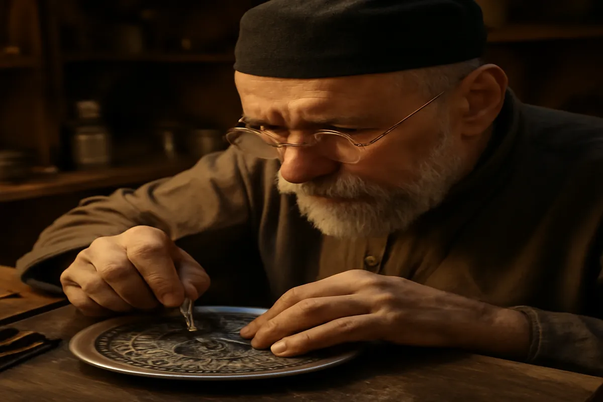 Orfèvre russe gravant un motif niello sur une plaque d'argent dans un atelier traditionnel