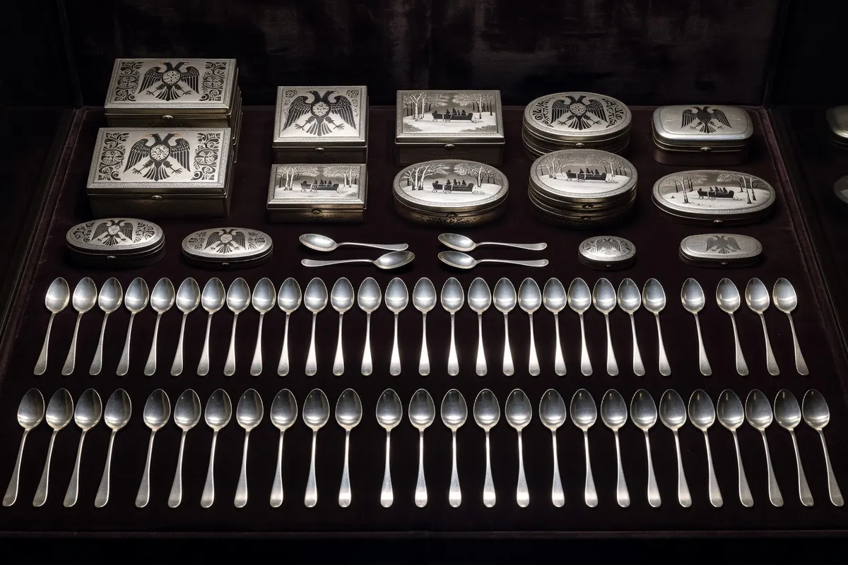 Collection d'objets anciens en argent niellé russe, cuillères et boîtes aux motifs gravés