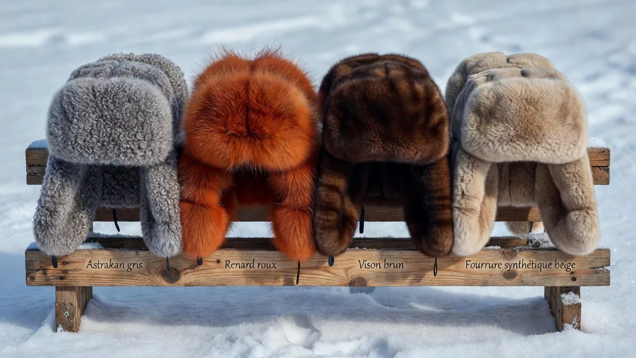 Collection d'ouchankas russes en fourrure naturelle et synthétique sur présentoir bois fond hivernal