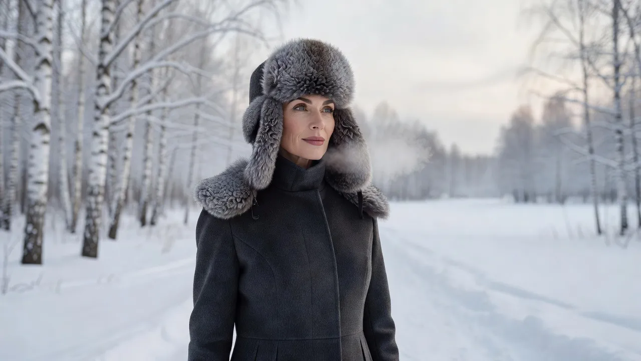 Femme portant ouchanka en astrakan gris dans paysage enneigé style mode russe hivernal
