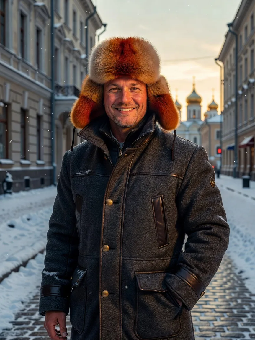 Homme portant ouchanka en renard roux souriant dans rue enneigée style portrait mode masculine russe