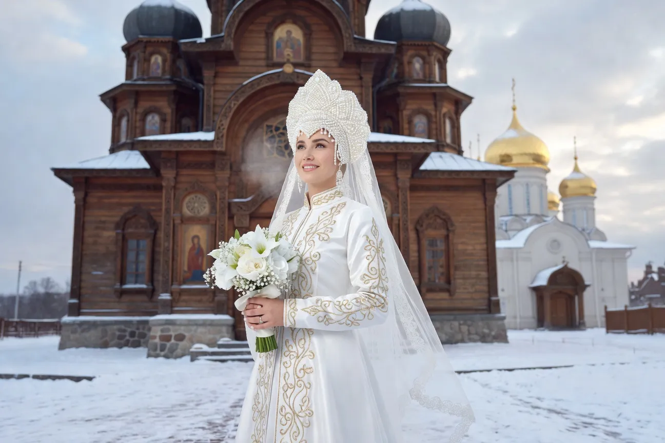 Mariée russe en sarafan blanc richement brodé d'or et kokochnik perles devant église orthodoxe enneigée