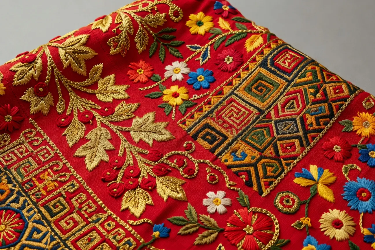 Macro de broderie folklorique russe sur sarafan rouge : motifs Khokhloma fil d'or, fleurs géométriques slaves cousues main