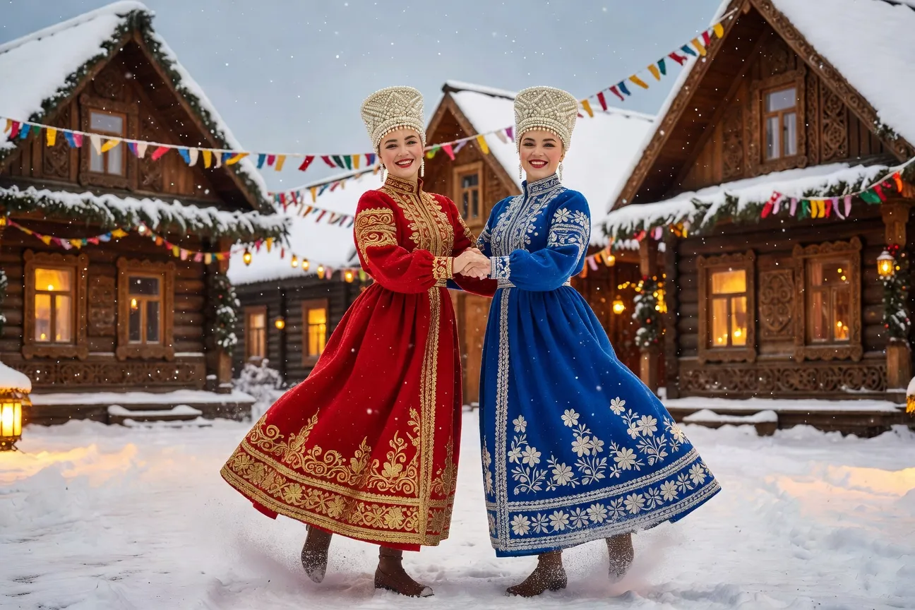 Deux jeunes femmes russes en sarafans festifs rouge et bleu avec kokochniks perles, dansant à un festival folklorique hivernal