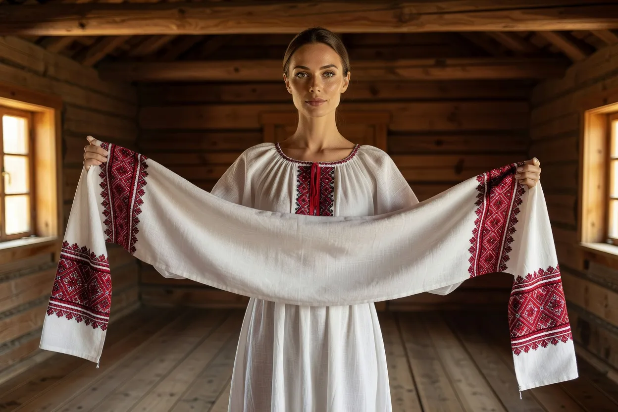 Rushnyk brodé rouge et blanc suspendu au-dessus d'une icône dans un intérieur paysan russe