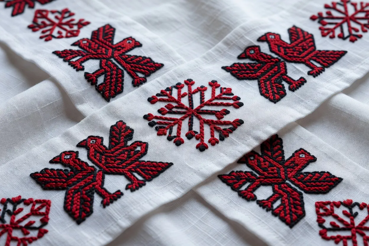 Détail de broderie géométrique rouge et noire sur lin blanc, motifs d'oiseaux affrontés