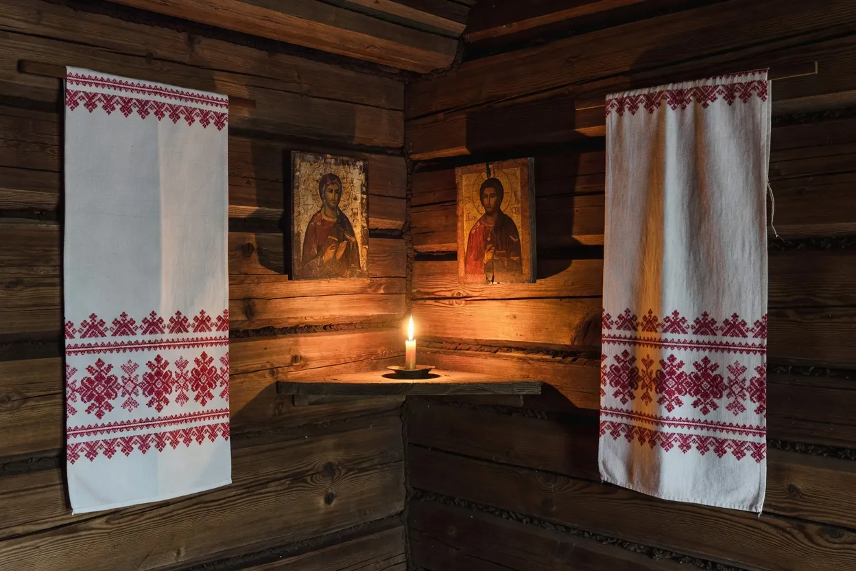 Coin rouge d'une isba russe avec icônes encadrées de rouchniks brodés blancs et rouges