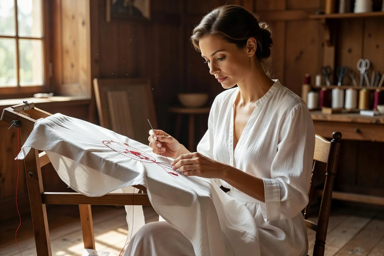 Femme brodant à la main un rushnyk de lin blanc à motifs rouges sur un métier à broder traditionnel