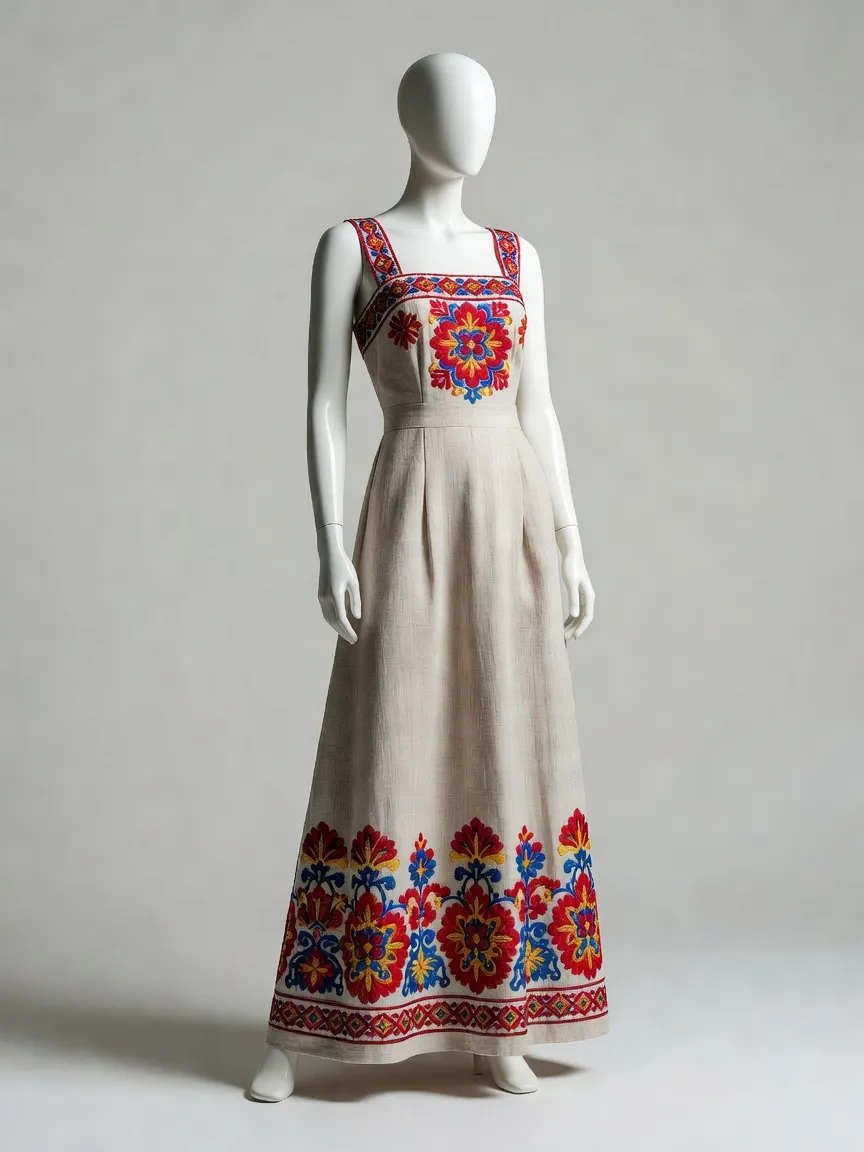 Mannequin portant sarafan slave contemporain en lin naturel broderies colorées style ethnique chic fond studio