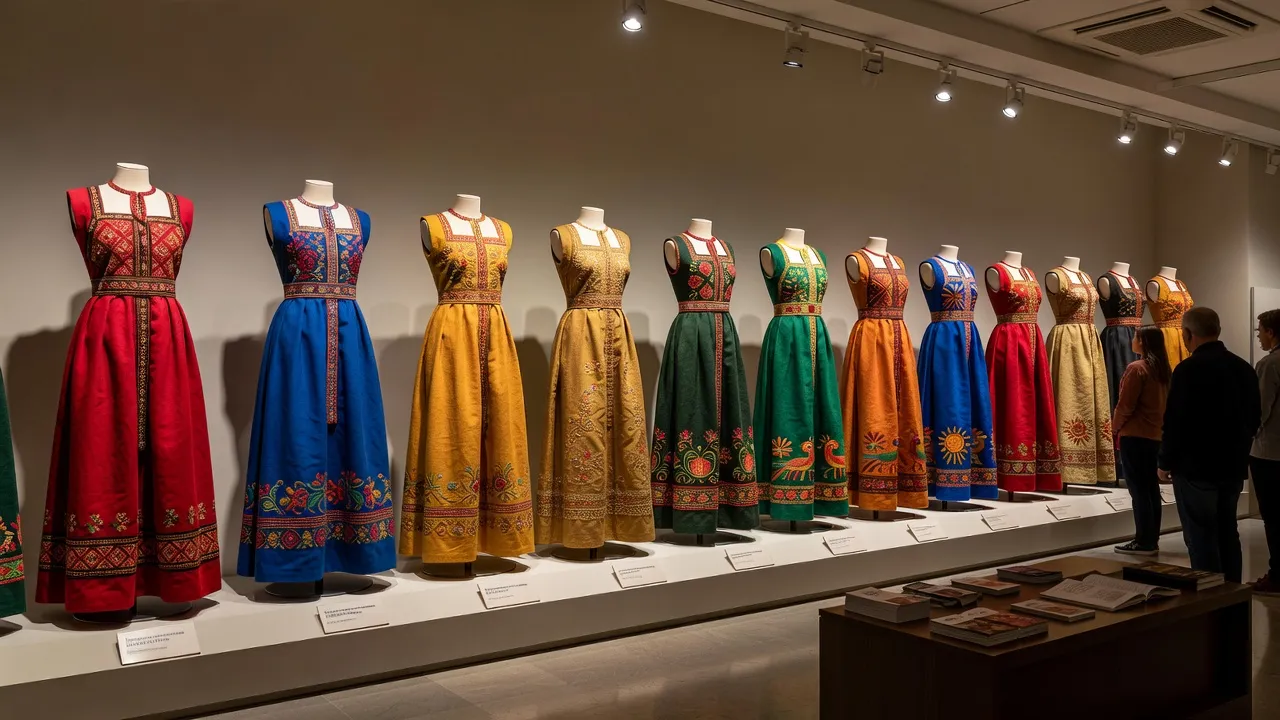 Costumes traditionnels russes sarafan exposés dans musée ethnographique différentes régions couleurs broderies