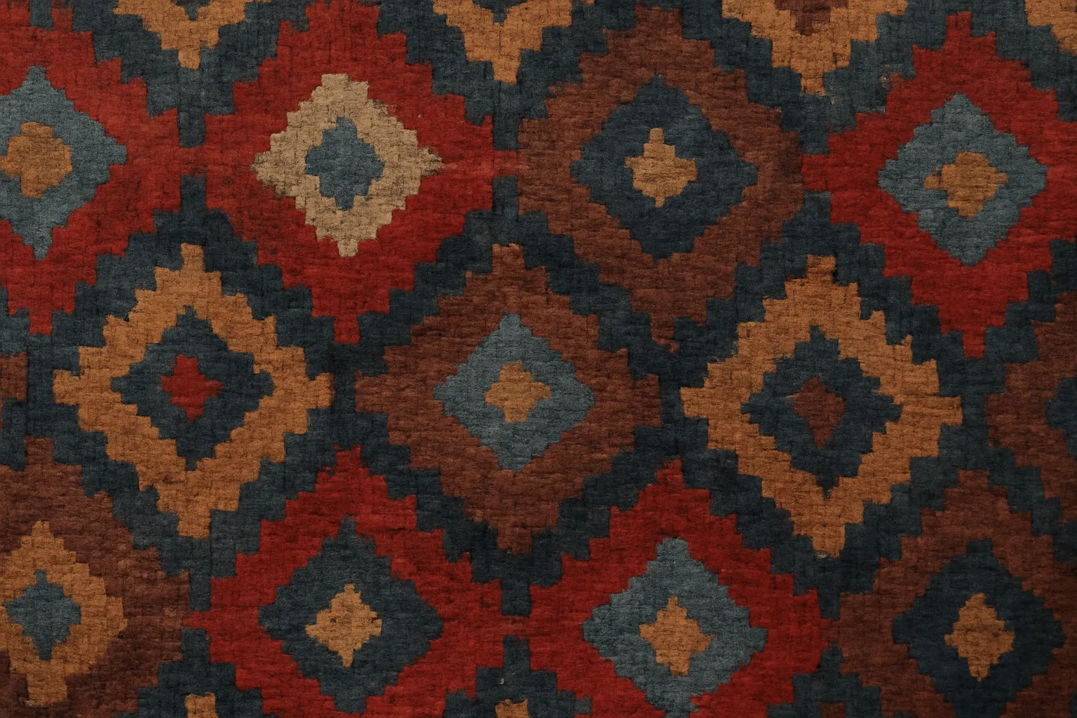 Détail de tapis kilim caucasien avec motifs géométriques en losanges rouges et bruns