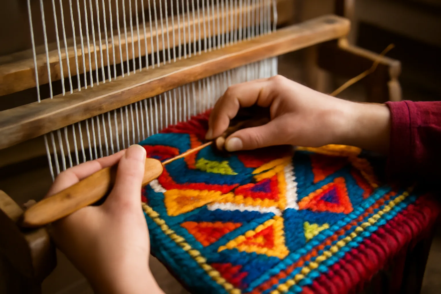 Mains d'une tisserande manipulant des fils de laine colorés sur un métier à tisser traditionnel