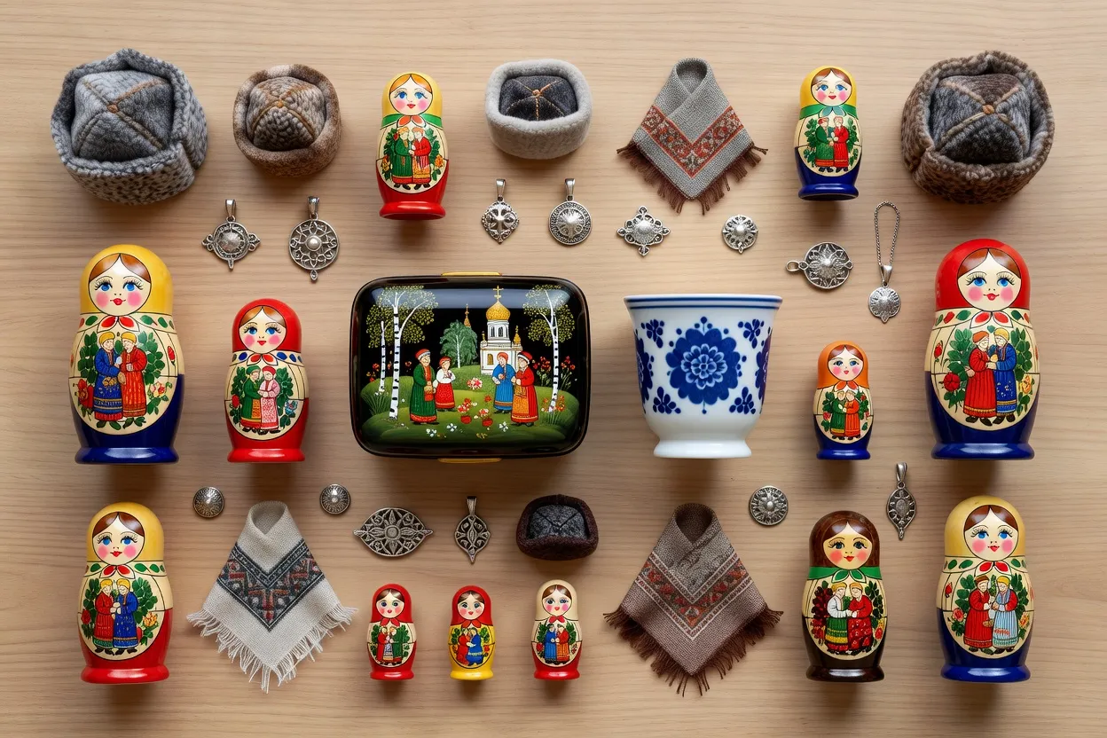 Flat lay de 20 cadeaux russes artisanaux assortis matriochka châle chapka boîte Palekh tasse Gzhel vue aérienne