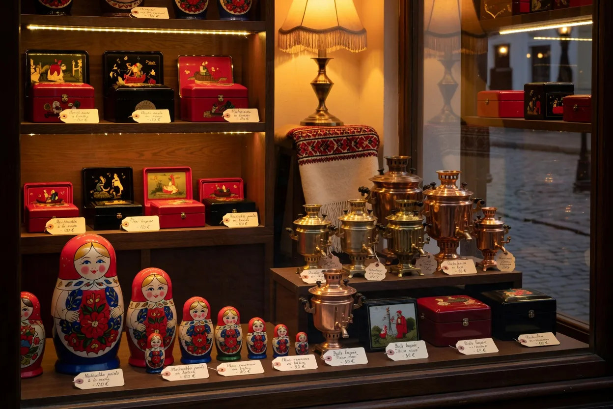 Vitrine boutique artisanat russe matriochkas samovars boîtes laquées étiquettes élégantes ambiance chaleureuse