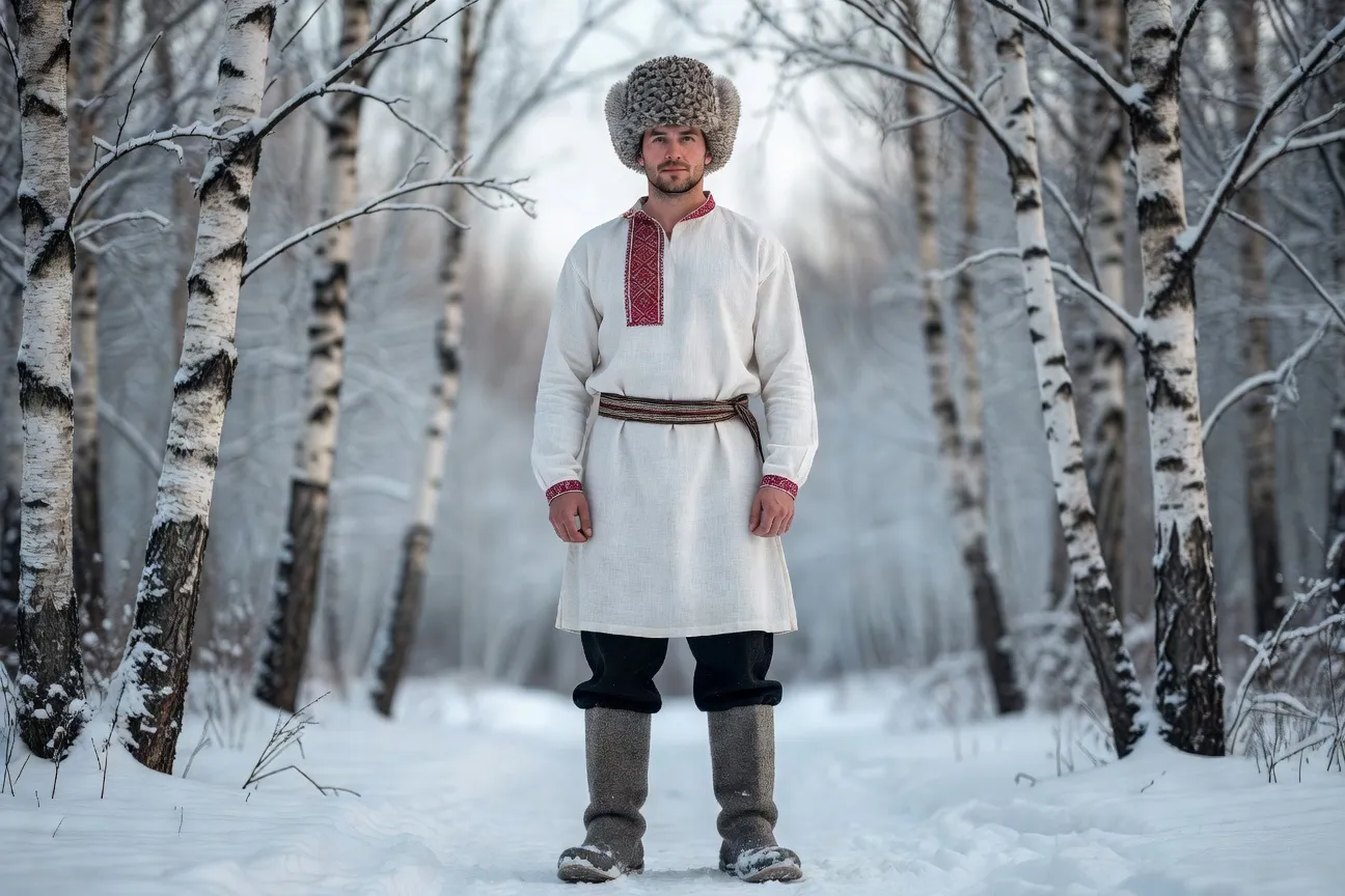 Homme russe en tenue traditionnelle complète : kosovorotka brodée, valenki gris, papakha en fourrure, dans une forêt de bouleaux enneigée