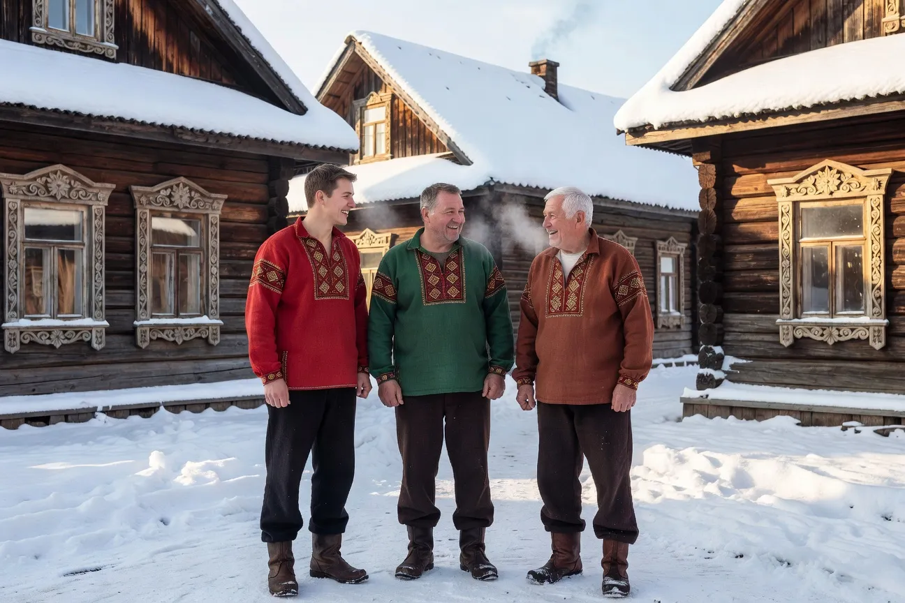 Trois hommes russes en kosovorotka brodée à un festival folklorique, devant izba en bois sculpté