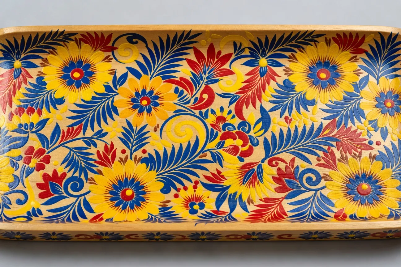 Plaque en bois peinte à la main en style petrykivka ukrainien avec motifs floraux jaunes, bleus et rouges