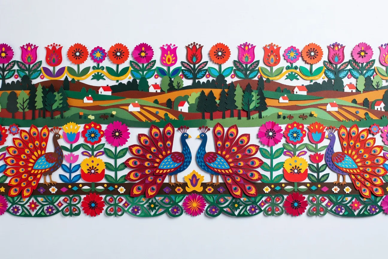 Art du papier découpé wycinanki polonais en papier multicolore, motifs folkloriques en macro