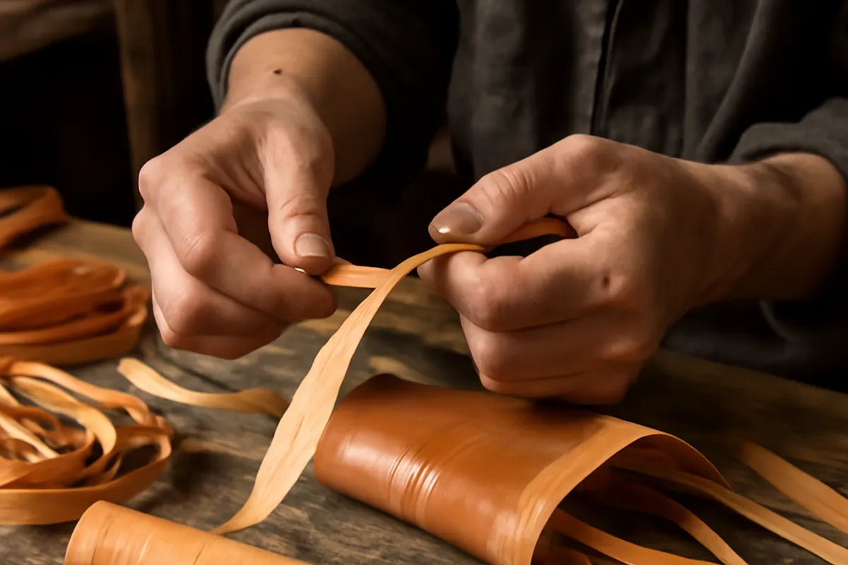 Artisan récoltant l'écorce de bouleau en forêt selon la méthode traditionnelle russe