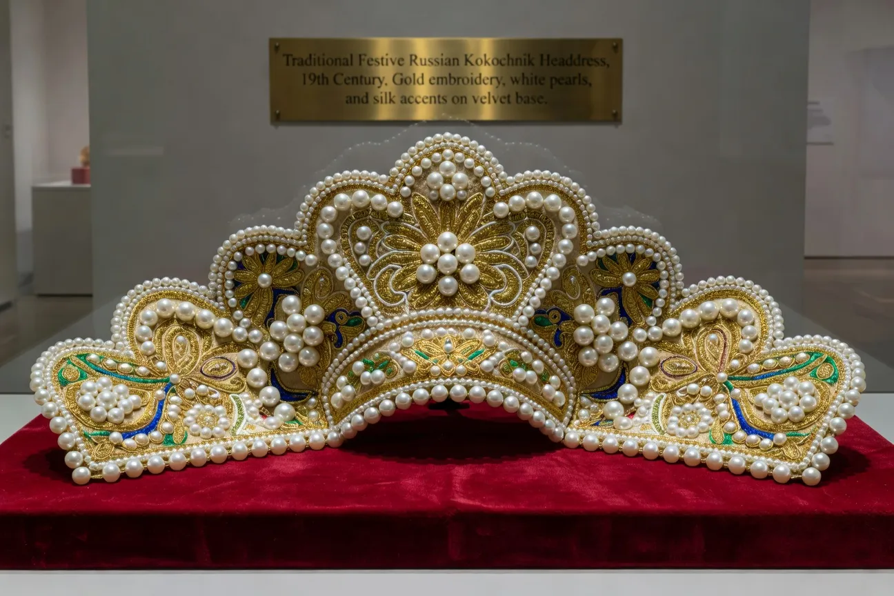 Kokochnik orné de perles et broderies dorées, parure de tête russe festive