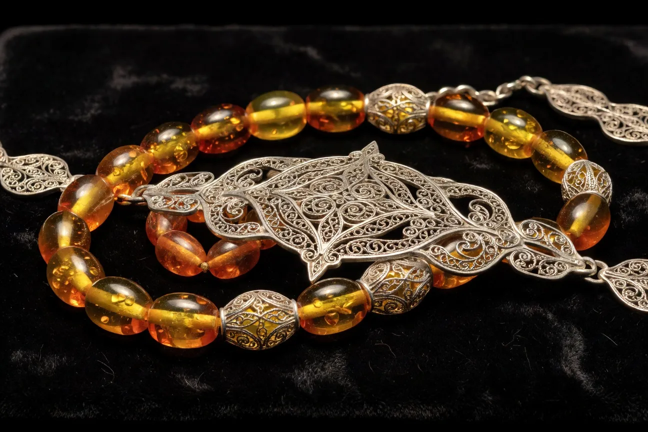 Bijoux russes traditionnels : bagues filigrane et collier en ambre de la Baltique