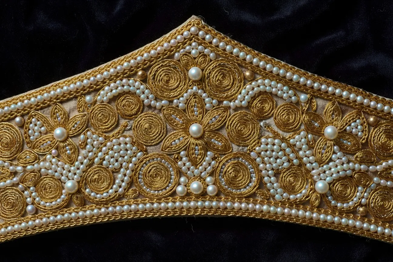 Gros plan d'un kokochnik orné de perles blanches et broderies dorées sur velours noir